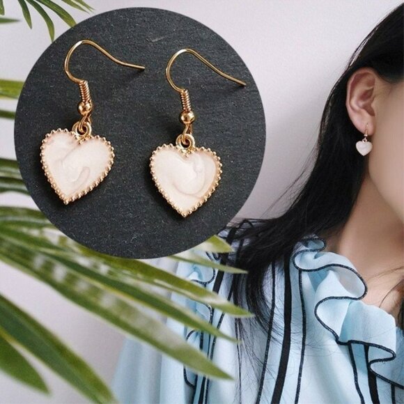 Carolie Heart Creamy White Drip Spun Dangle Earrings Rose Gold Gift Packaged - Picture 4 of 10